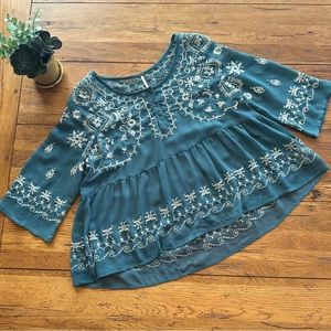 Free People embroidered sheer top size small teal